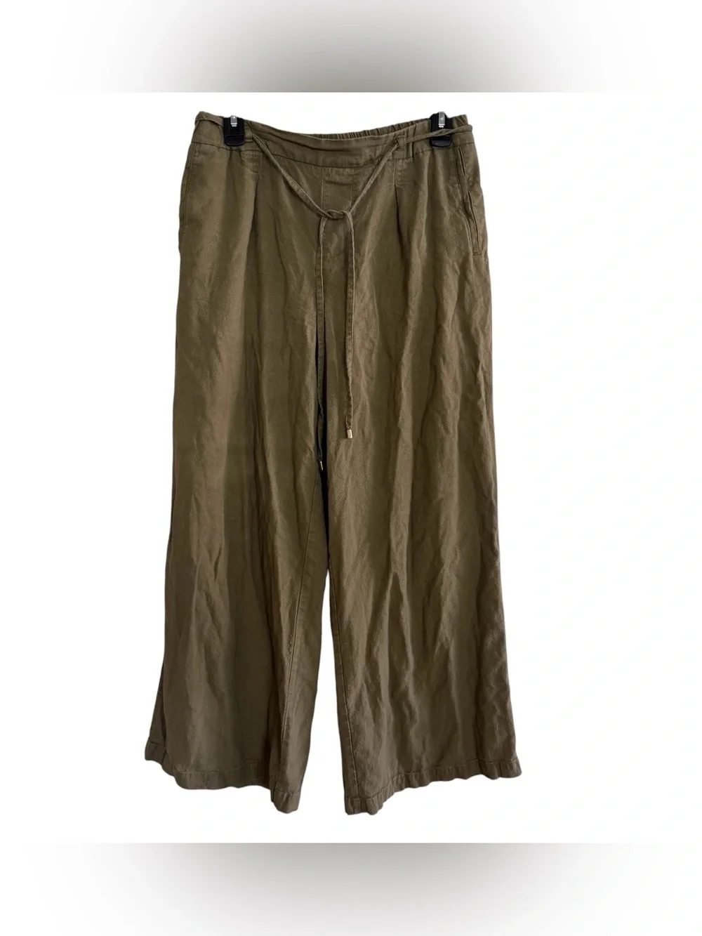 Zara Olive Green Linen Blend Wide Leg Pants Coastal Resort Earthy Minimalist S